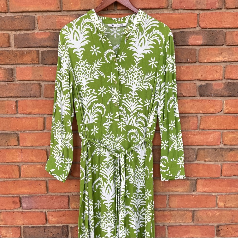 Zara Woman Midi Green Floral Flare Flowy Belted Long Sleeve Dress Belted Sz M